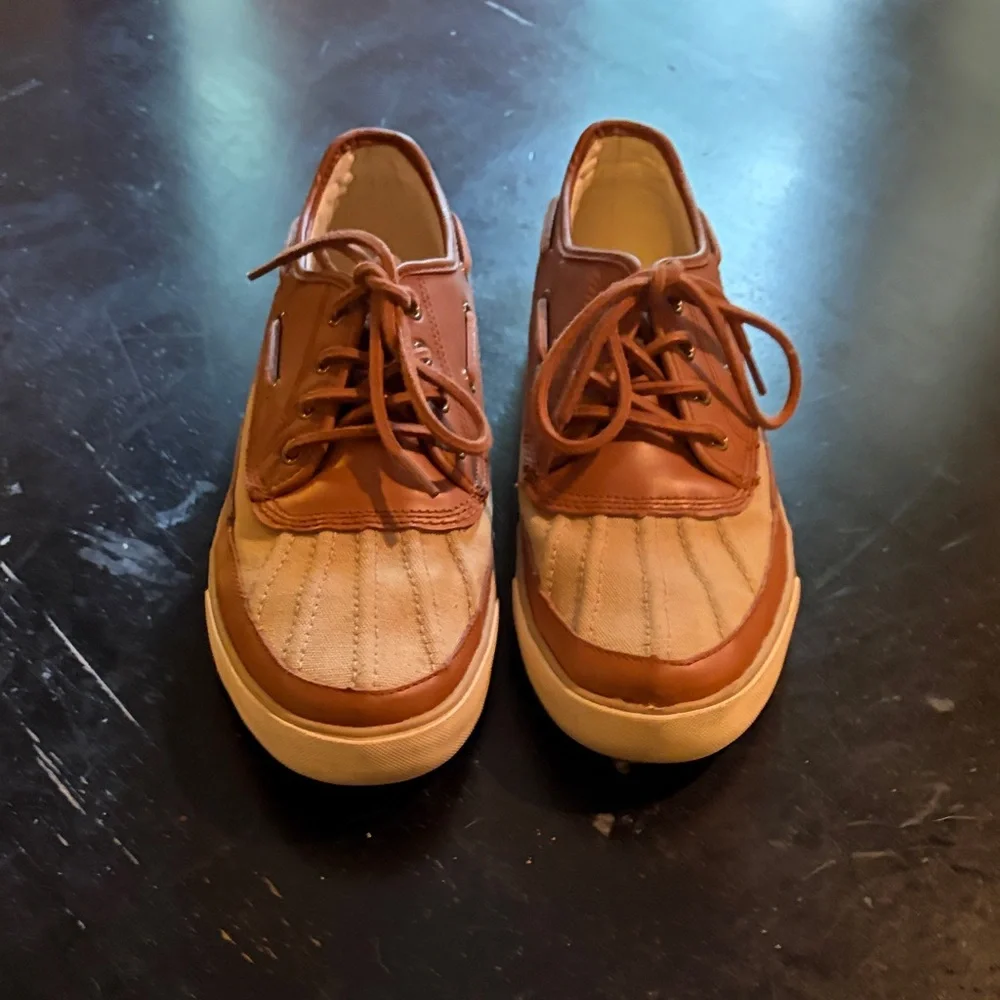 Polo by Ralph Lauren Tan Canvas with Brown Leather Trim Boat Shoes
